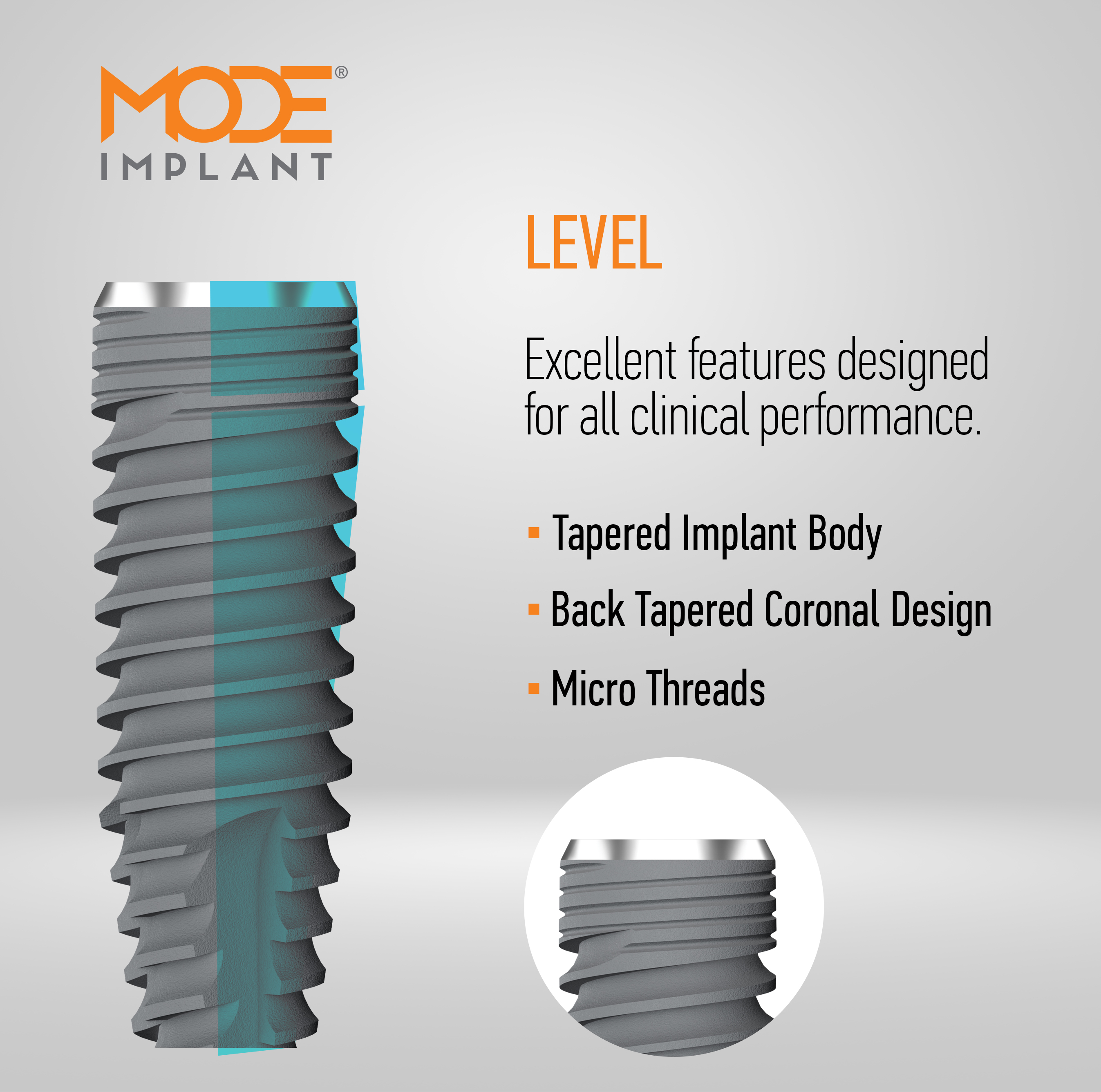 Back Tapered Coronal Design & <span>Micro Threads</span>